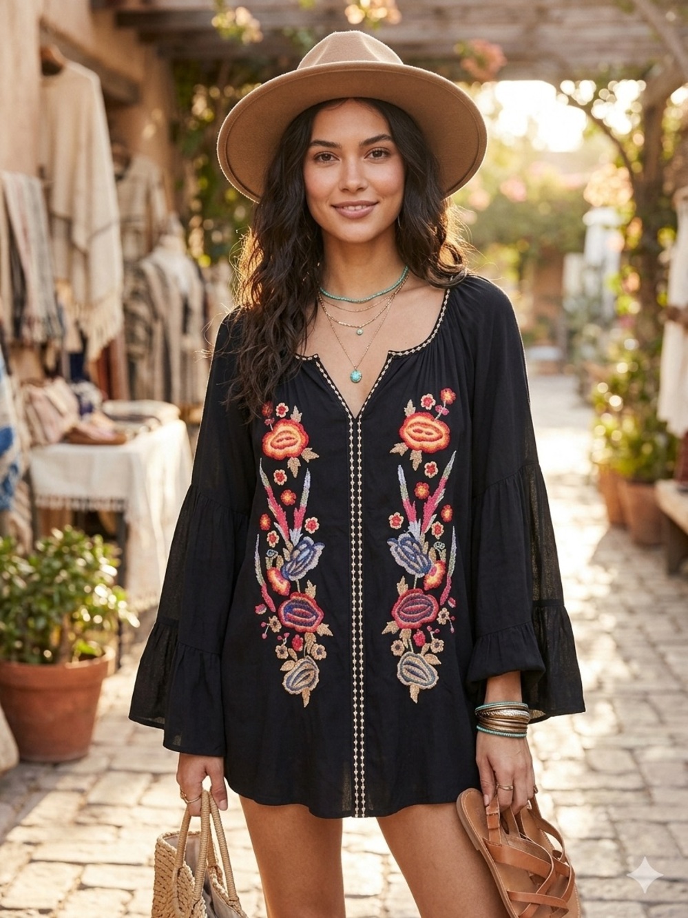 Solitaire Black Floral Embroidered Boho Peasant Blouse Top